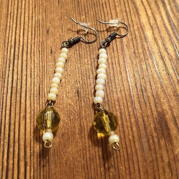 Yellow Beaded Dangle Earrings, Handmade Ladies Dangle Earrings - Picture 1 of 2